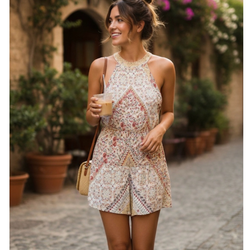 O’Neill Boho Floral Print Halter Neck Romper with Open Back - Medium